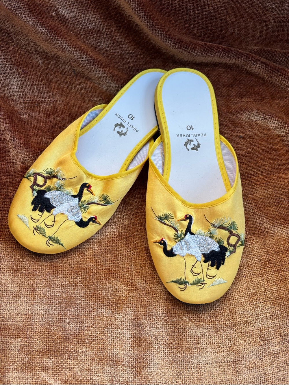 Yellow Satin Embroidered Crane Slippers